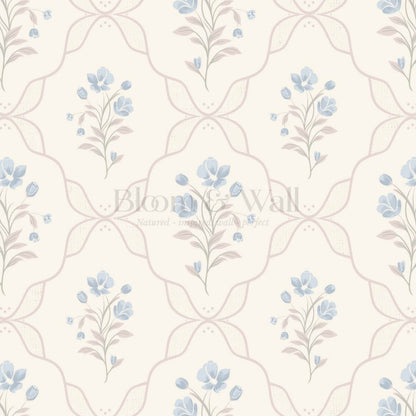 Elisa Floral Ogee Butter French Blue Wallpaper