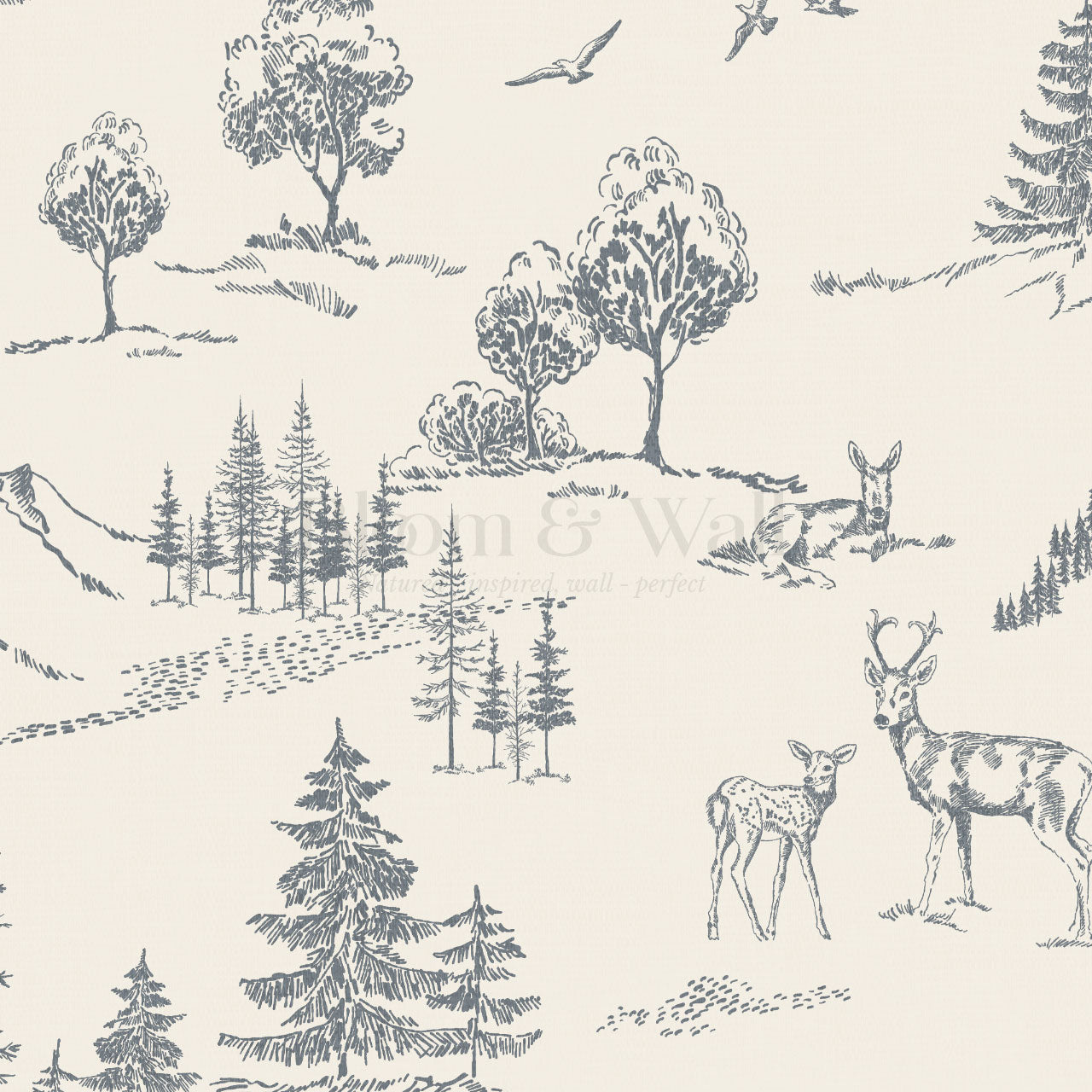 Elise Woodland Toile Cream Gray Wallpaper