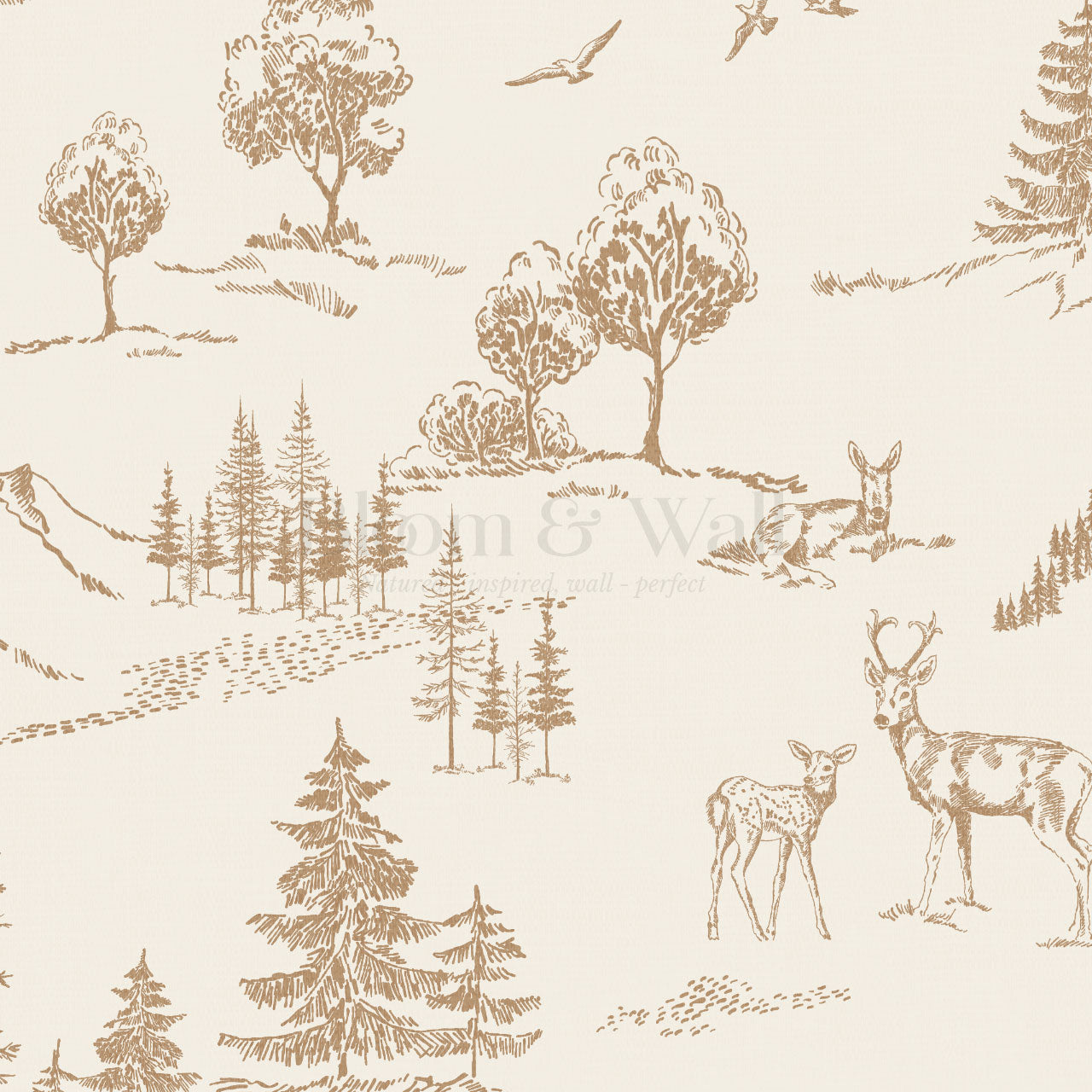 Elise Woodland Toile Cream Tawny Wallpaper