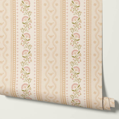 Ellery Bloomery Stripes Beige Berry Wallpaper