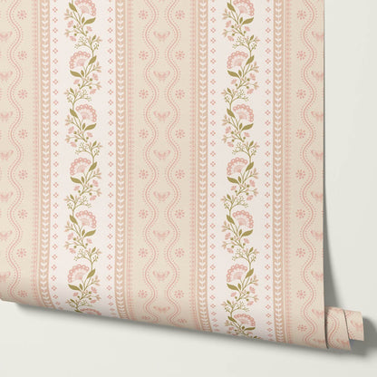 Ellery Bloomery Stripes Berry Dust Cream Wallpaper