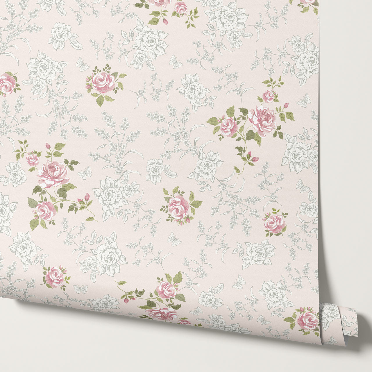 Elora Romantic Spring Roses Blush Cream Wallpaper