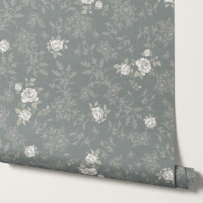 Elora Romantic Spring Roses Slate Wallpaper