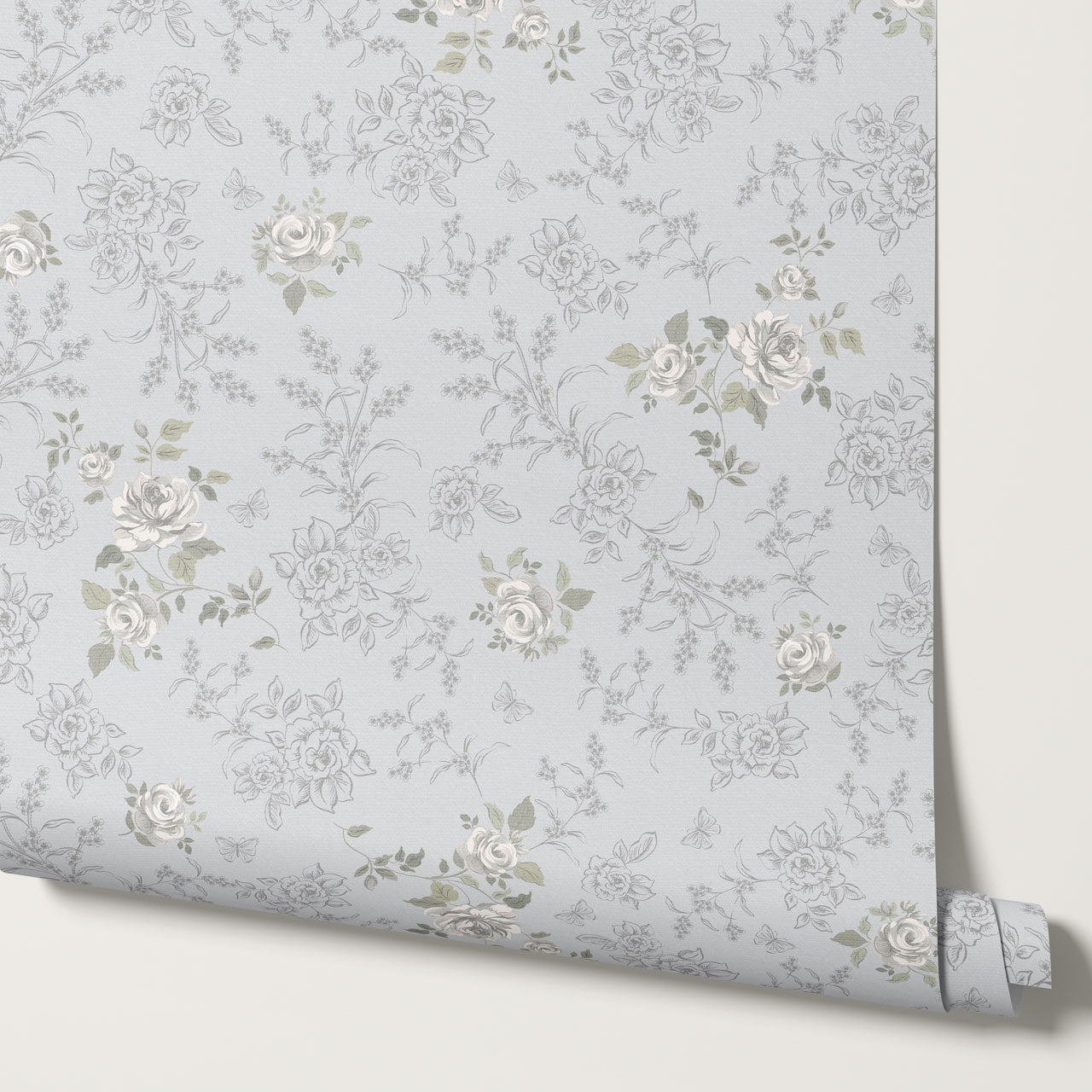 Elora Romantic Spring Roses Pale Sky Wallpaper