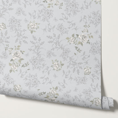 Elora Romantic Spring Roses Pale Sky Wallpaper