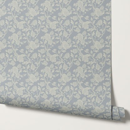 Elsie Wild Chrysanthemum Vintage Blue Wallpaper