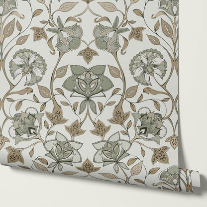 Elvia Ornate Floral Sage Brown Wallpaper