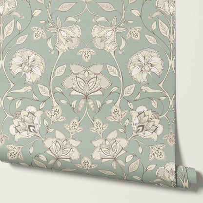 Elvia Ornate Floral Sage Light Stone Wallpaper