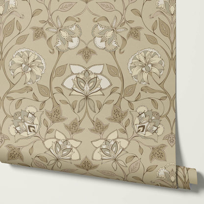 Elvia Ornate Floral Tan Almond Wallpaper