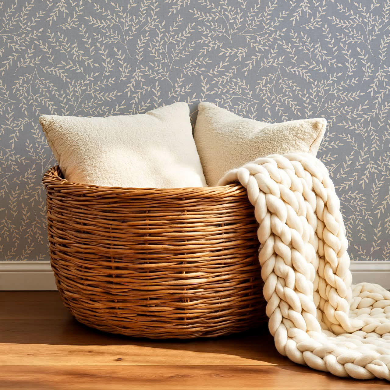 Emery Leaf & Vine Chambray Blue Wallpaper