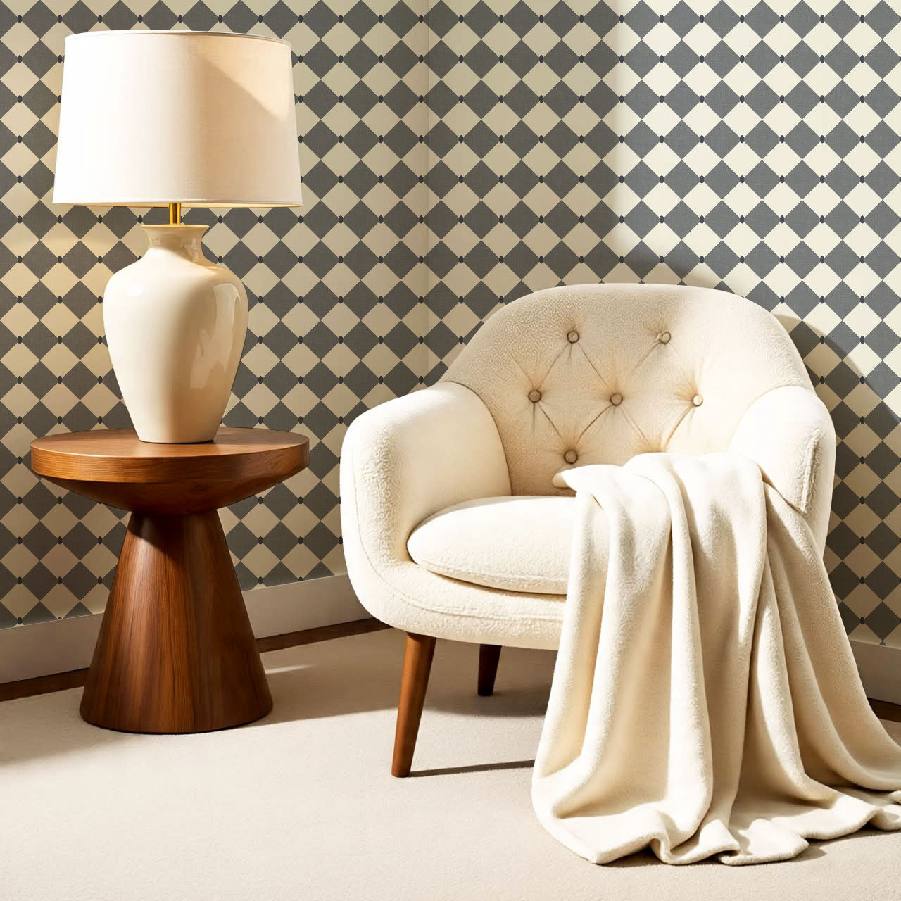 Emma Diamonds Dove Slate Cream Wallpaper