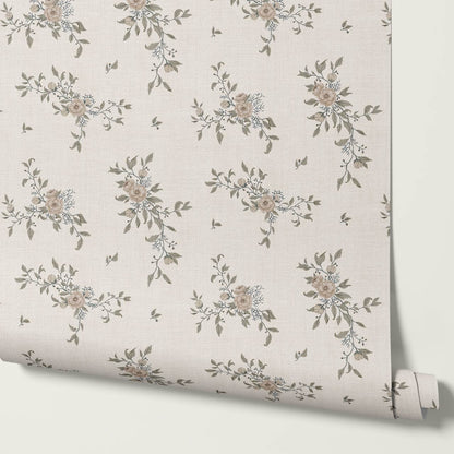 Ercilia Garden Heirloom Neutral Linen Sage Wallpaper