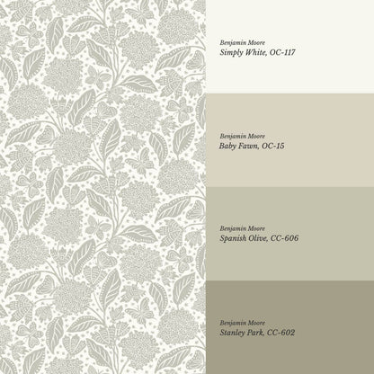 Erika Hydrangeas & Butterflies Pale Olive Cream Wallpaper