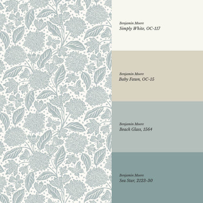 Erika Hydrangeas & Butterflies Sea Glass Cream Wallpaper