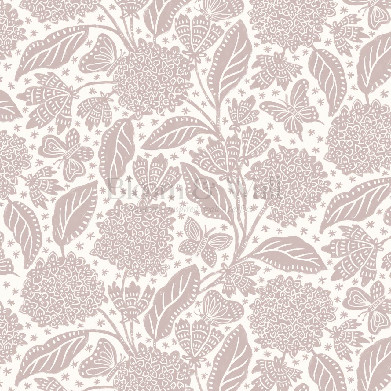 Erika Hydrangeas & Butterflies Mauve Cream Wallpaper