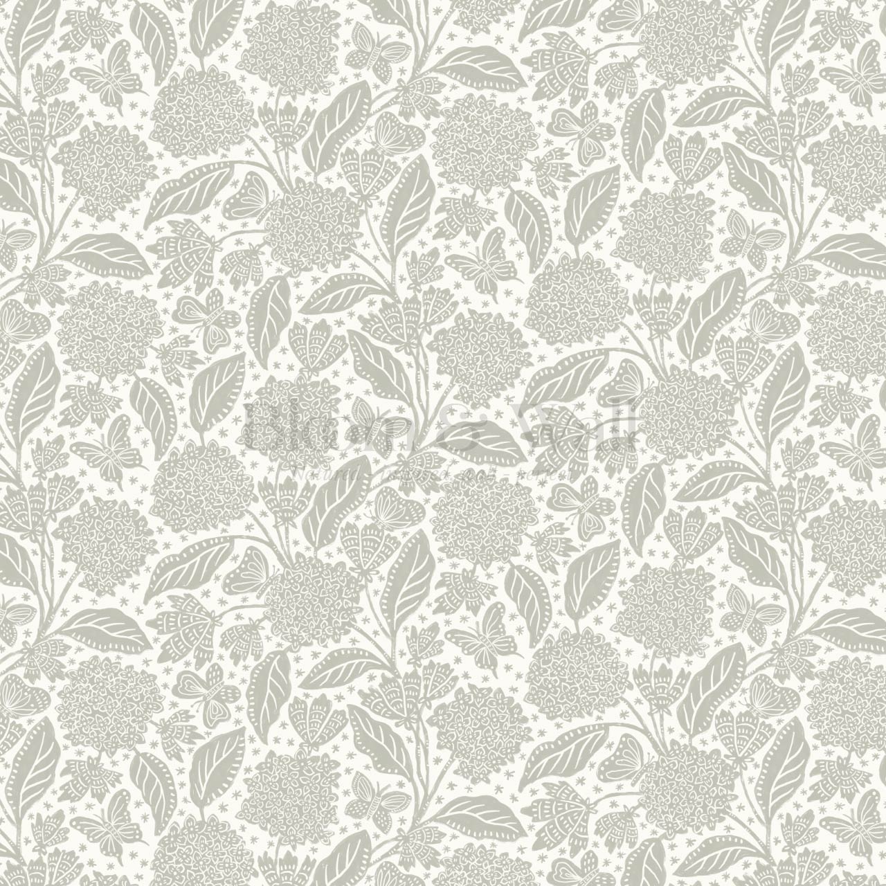 Erika Hydrangeas & Butterflies Pale Olive Cream Wallpaper