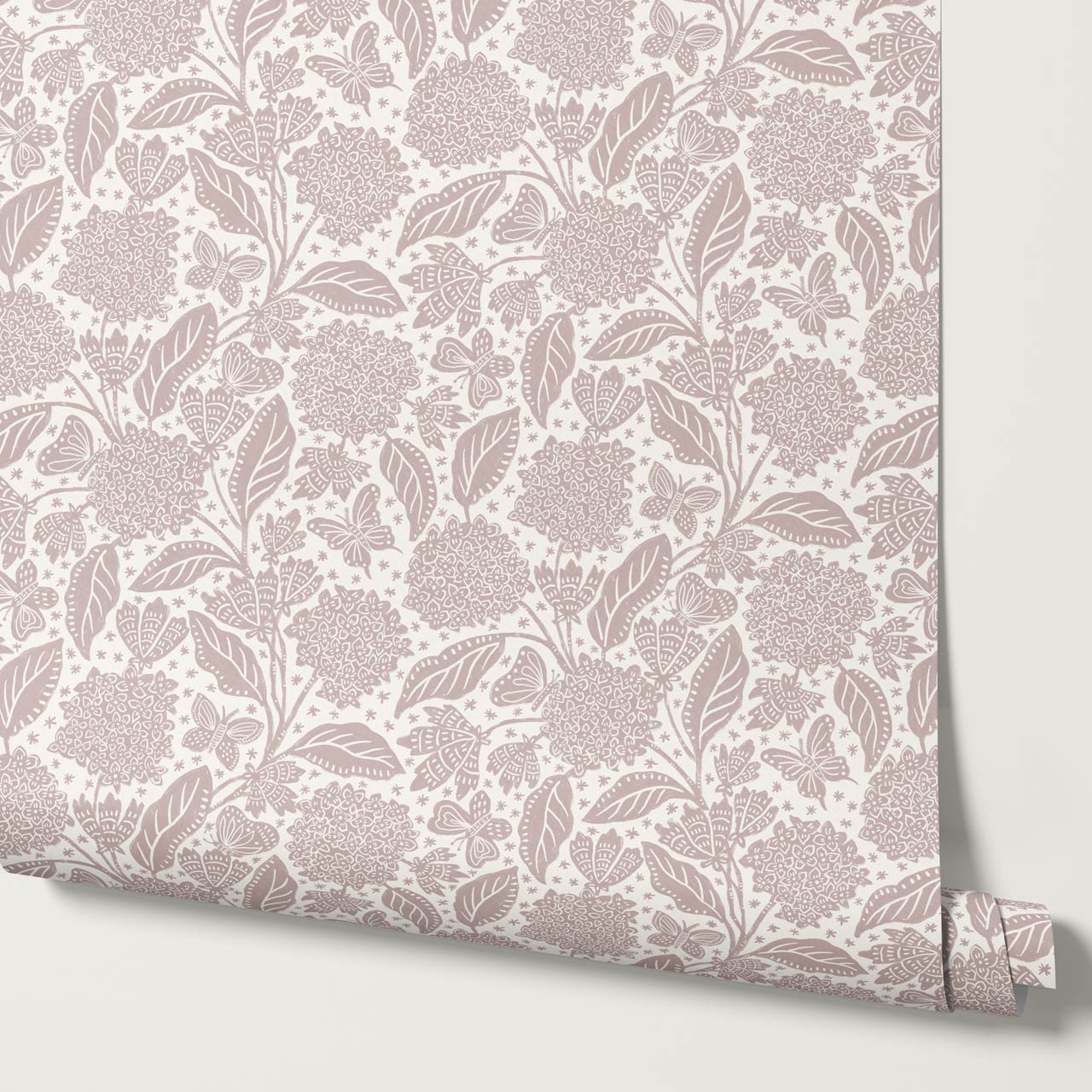 Erika Hydrangeas & Butterflies Mauve Cream Wallpaper