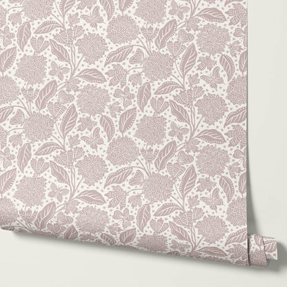 Erika Hydrangeas & Butterflies Mauve Cream Wallpaper