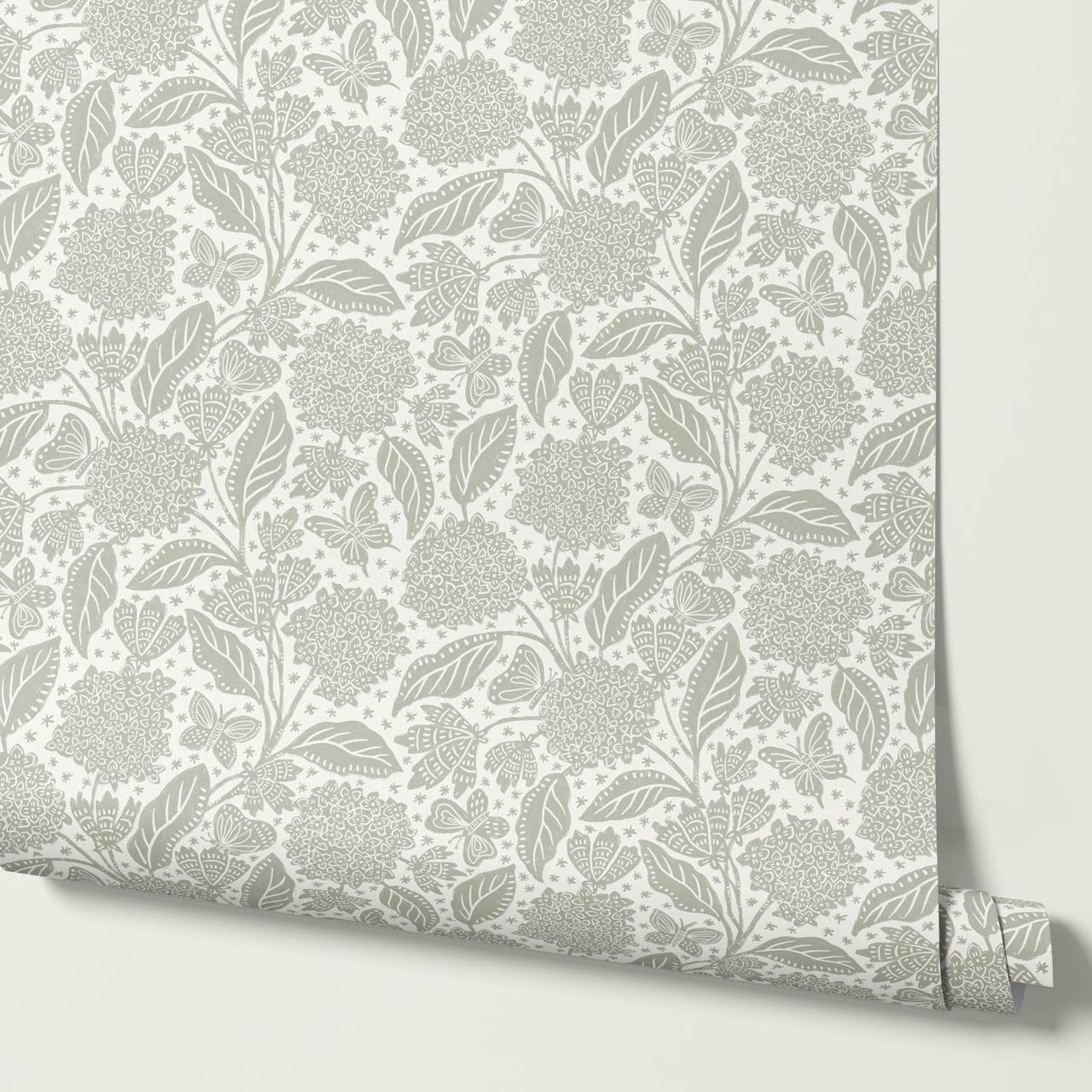 Erika Hydrangeas & Butterflies Pale Olive Cream Wallpaper