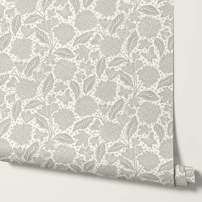 Erika Hydrangeas & Butterflies Pale Olive Cream Wallpaper