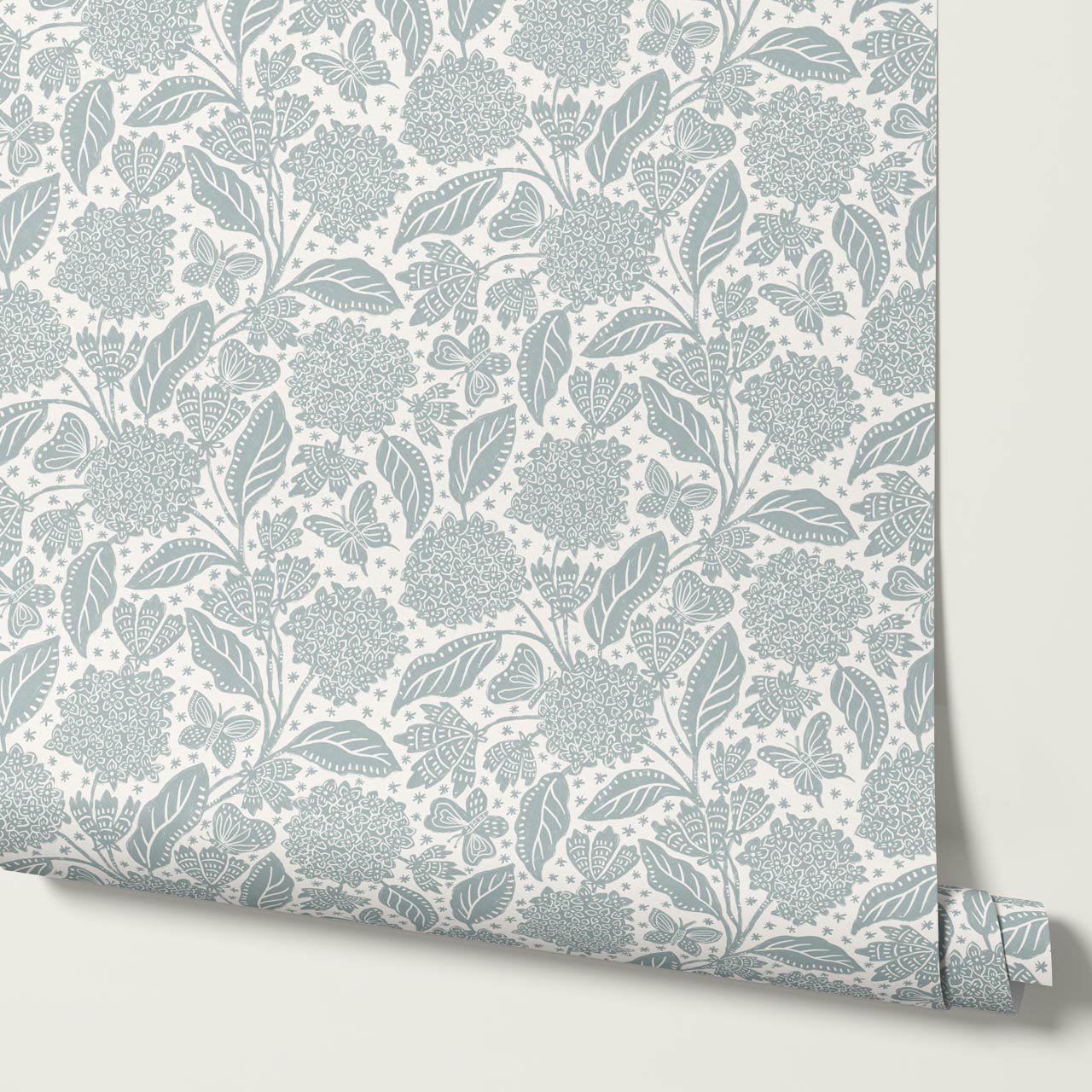 Erika Hydrangeas & Butterflies Sea Glass Cream Wallpaper