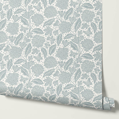 Erika Hydrangeas & Butterflies Sea Glass Cream Wallpaper