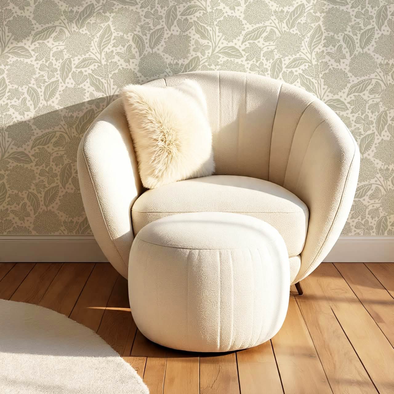 Erika Hydrangeas & Butterflies Pale Olive Cream Wallpaper