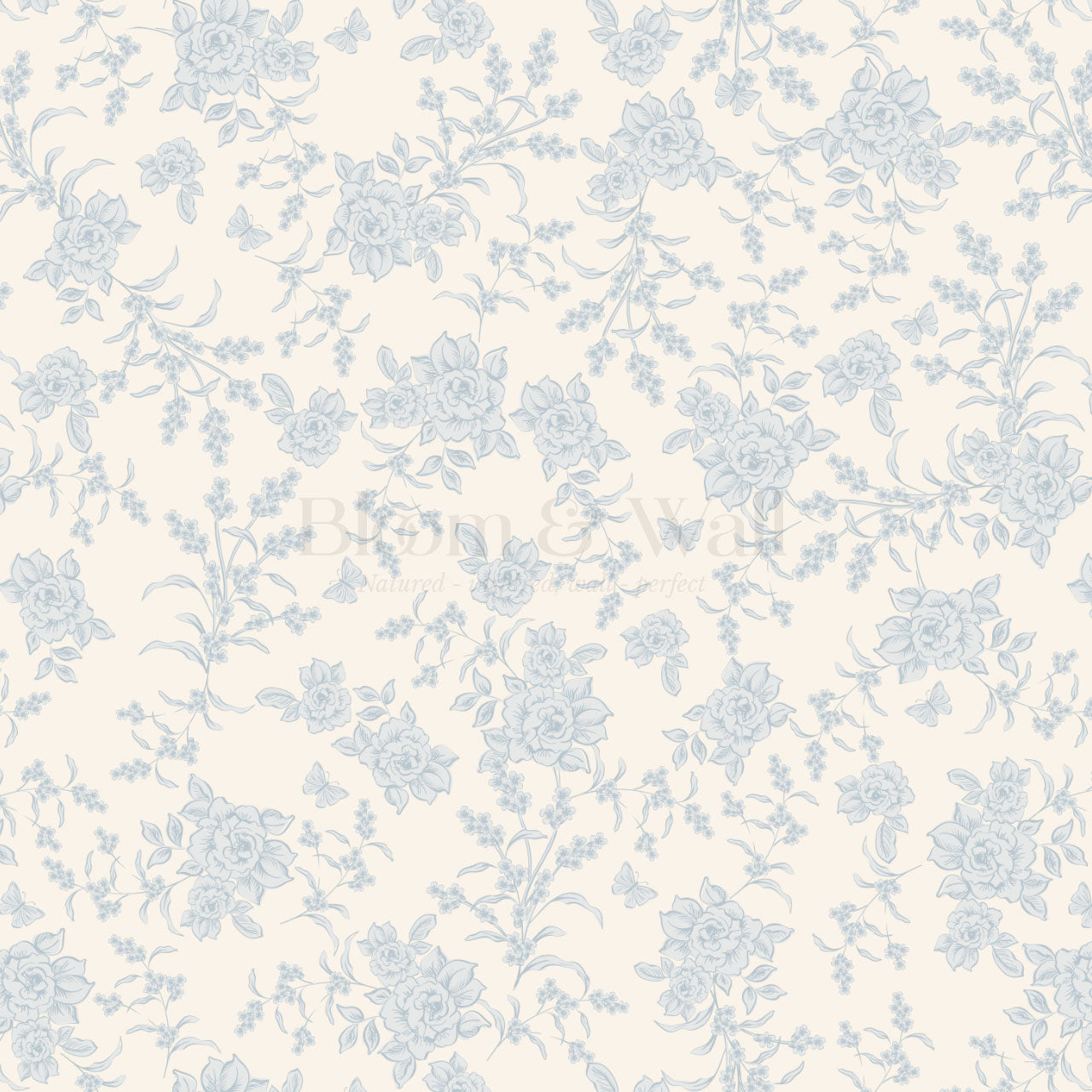 Esmeralda Rose Toile Cream Blue Wallpaper