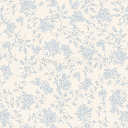 Esmeralda Rose Toile Cream Blue Wallpaper