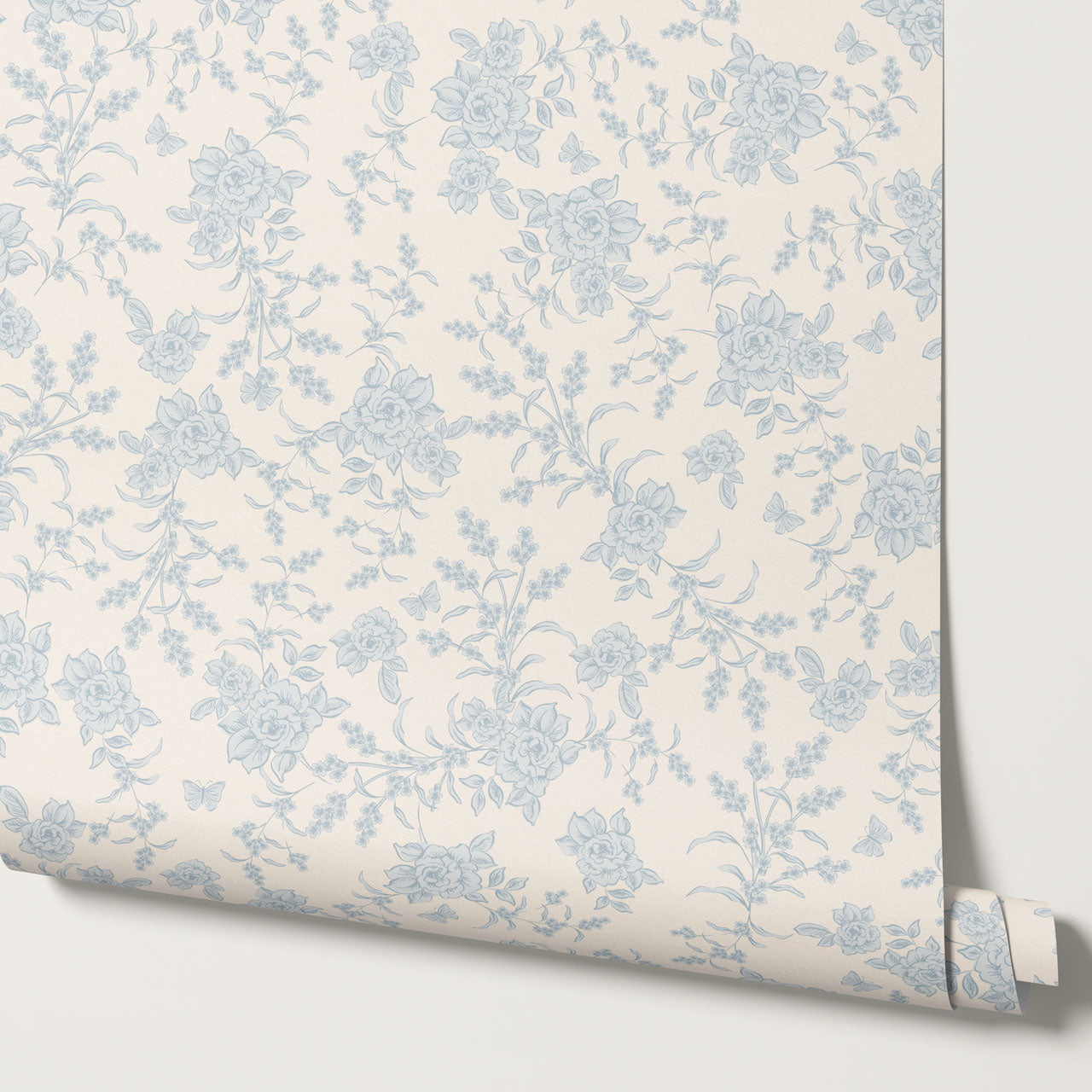 Esmeralda Rose Toile Cream Blue Wallpaper
