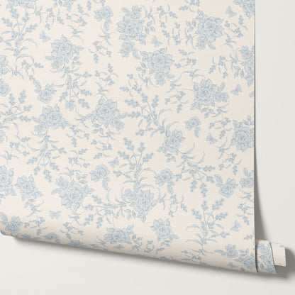 Esmeralda Rose Toile Cream Blue Wallpaper