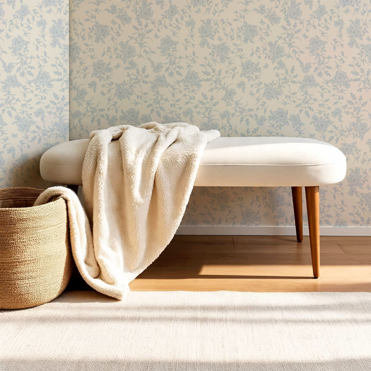 Esmeralda Rose Toile Cream Blue Wallpaper