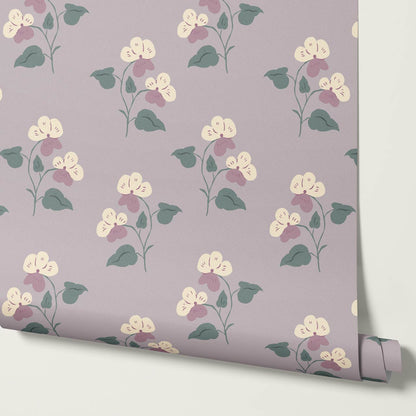 Estefania Pansy Love Lilac Cream Wallpaper