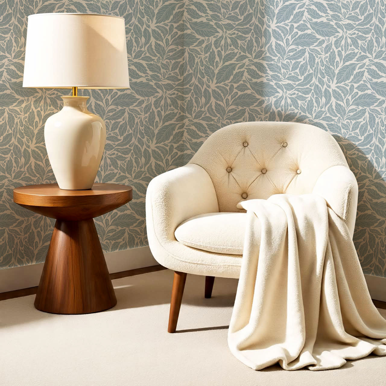 Eulalie Chateau Foliage French Blue Cream Wallpaper
