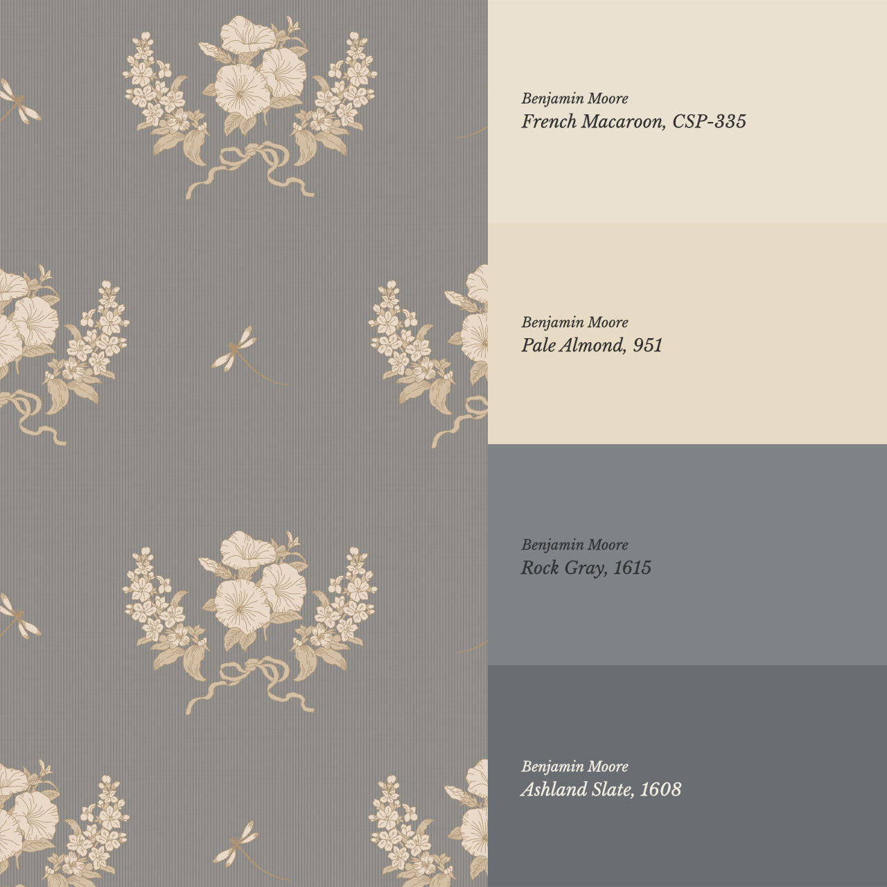 Eva Petunias and Dragonflies Pewter Gray Wallpaper