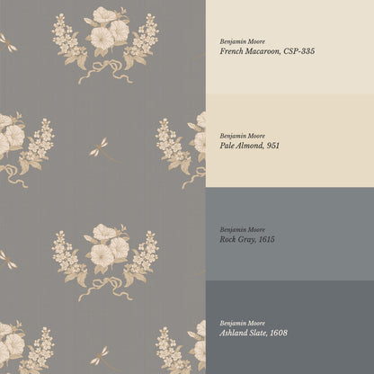 Eva Petunias and Dragonflies Pewter Gray Wallpaper