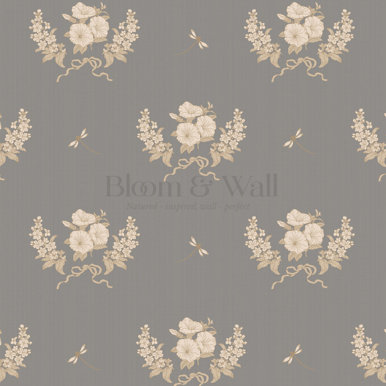 Eva Petunias and Dragonflies Pewter Gray Wallpaper