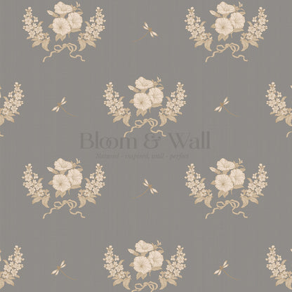 Eva Petunias and Dragonflies Pewter Gray Wallpaper