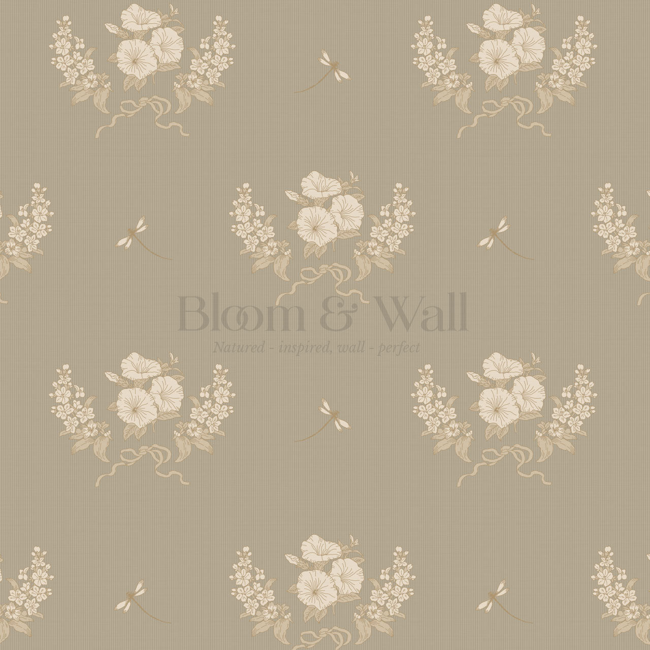 Eva Petunias and Dragonflies Olive Wallpaper