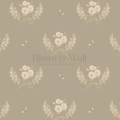 Eva Petunias and Dragonflies Olive Wallpaper
