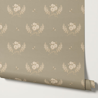 Eva Petunias and Dragonflies Olive Wallpaper