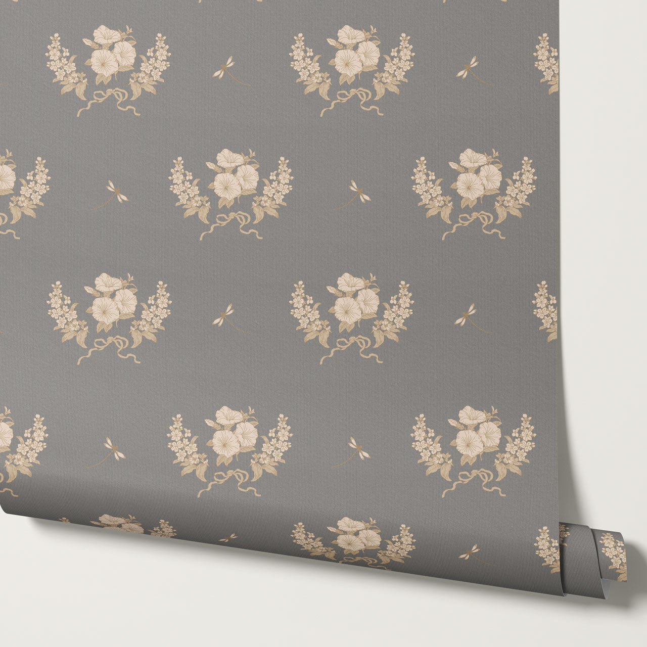Eva Petunias and Dragonflies Pewter Gray Wallpaper