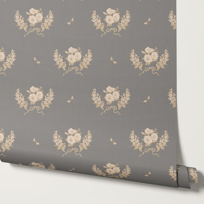 Eva Petunias and Dragonflies Pewter Gray Wallpaper