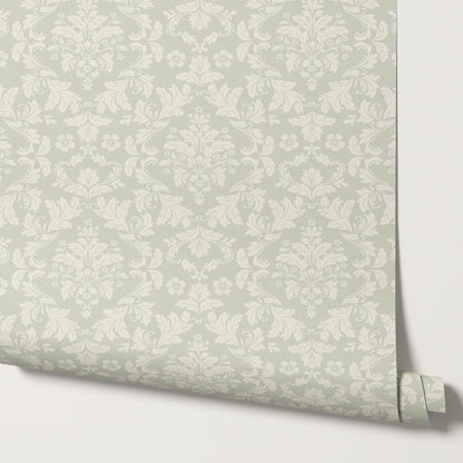 Evalia Damask Gray Sage Wallpaper