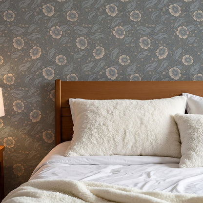 Evie Floral Vines Dusty Blue Wallpaper