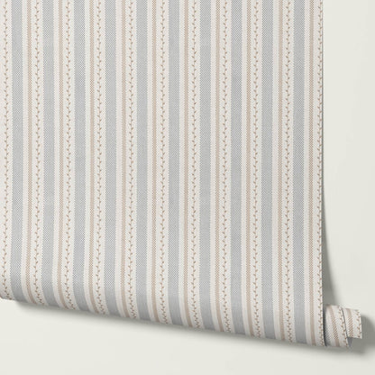 Fabiola Woodland Stripe Ivory Beige Blue Wallpaper