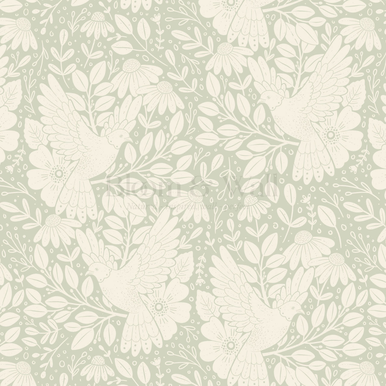 Fae Doves Cream Soft Green Wallpaper