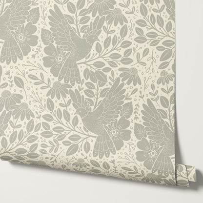 Fae Doves Cream Stone Wallpaper