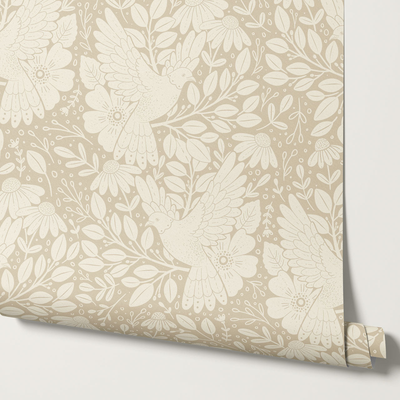 Fae Doves Beige Wallpaper