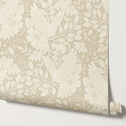Fae Doves Beige Wallpaper
